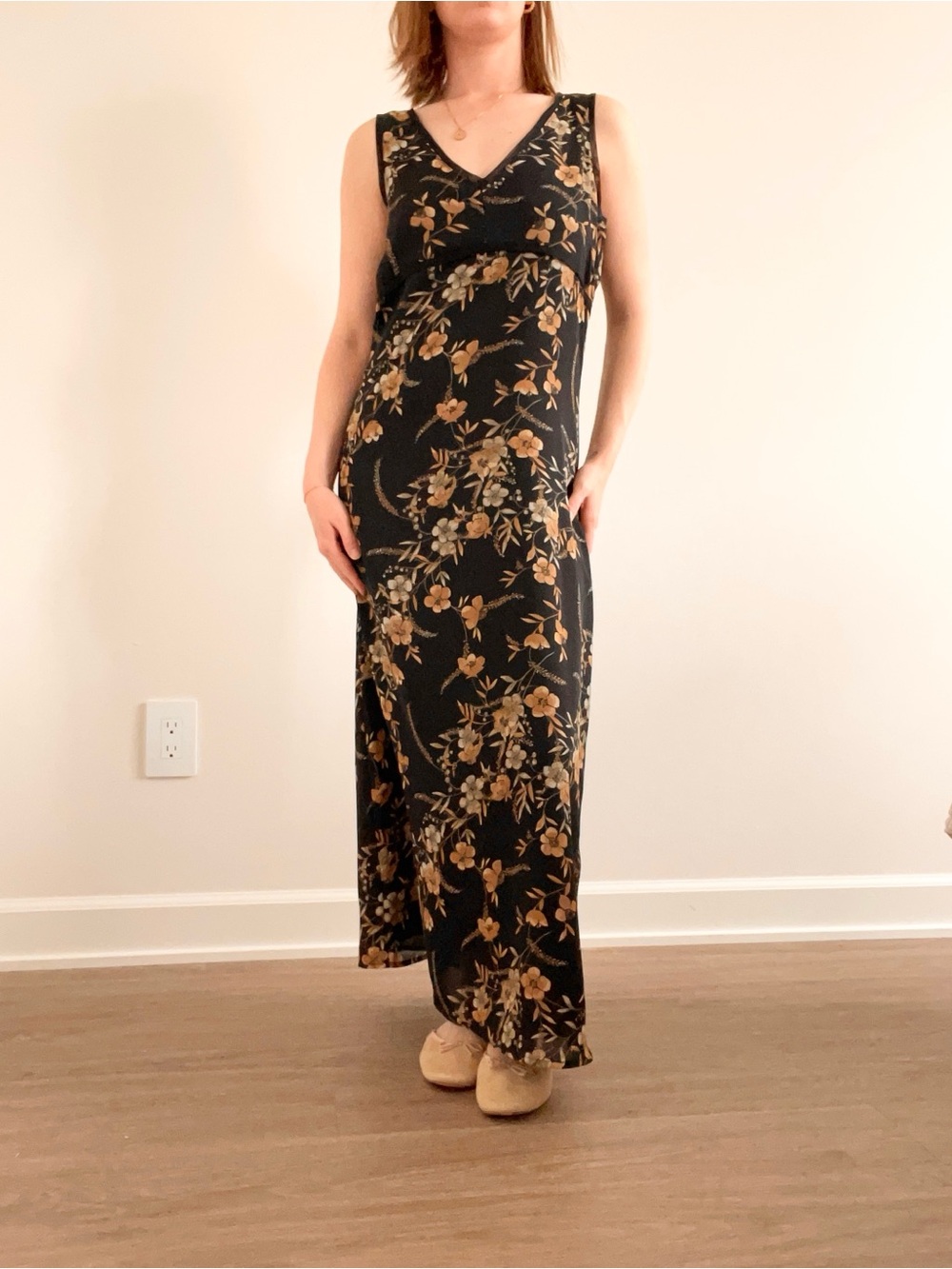 Vintage Old Navy Sleeveless Black Maxi Dress with Gold Floral Print